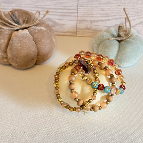 Handmade Beaded Bracelet Set – Word Bracelet, Gold & Nude Neutral Stack - Picture 1 of 6